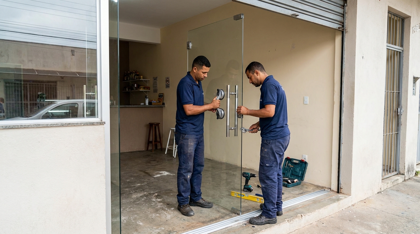 Dupla instalando porta de vidro em loja em Taboão da Serra-SP
